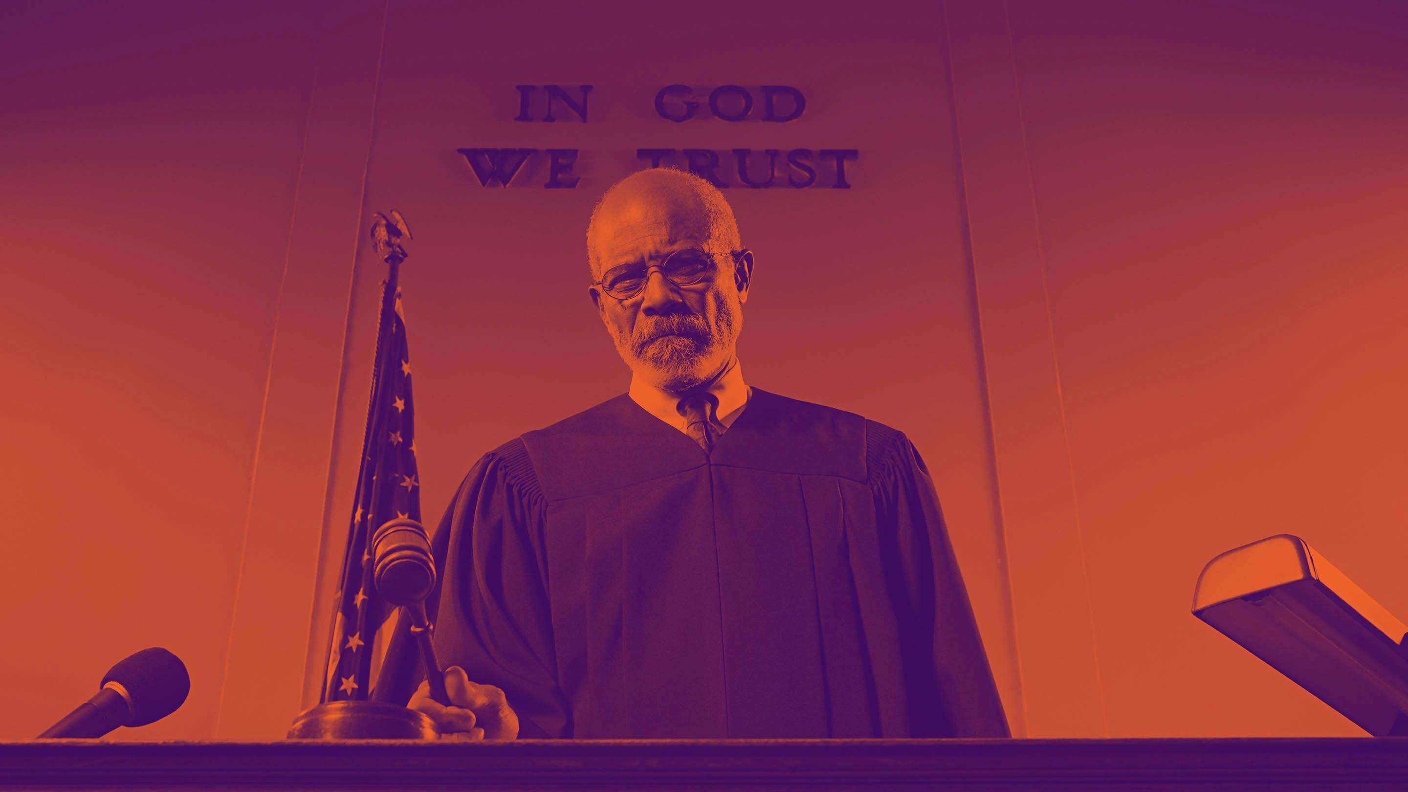 Stylized image of black judge at bench holding gavel.